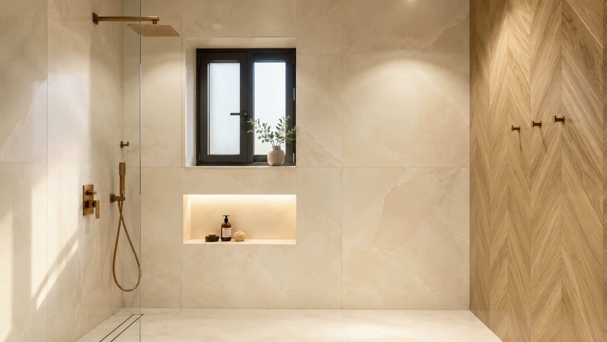 Bad in Creme-Steinoptik mit Fischgrät-Holzwand und Messing-Armaturen