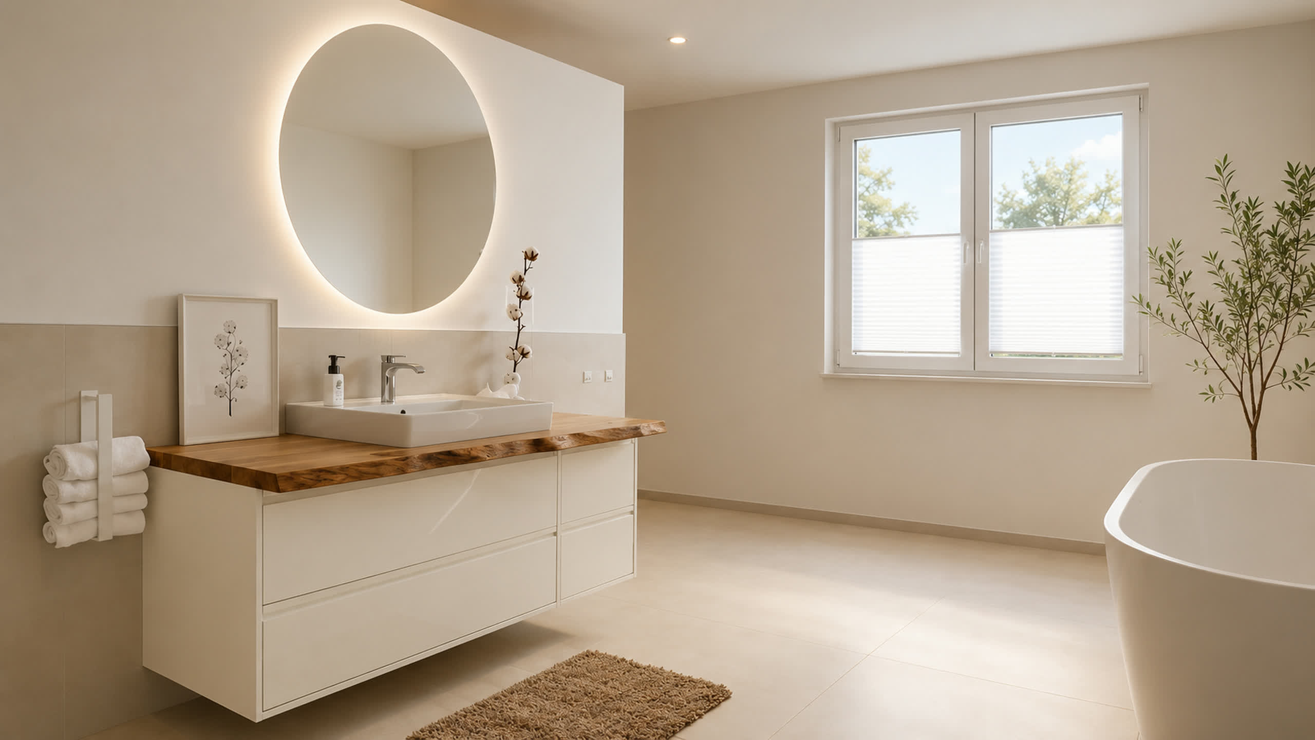 Helles Bad mit rundem Lichtspiegel und Holz-Waschtisch