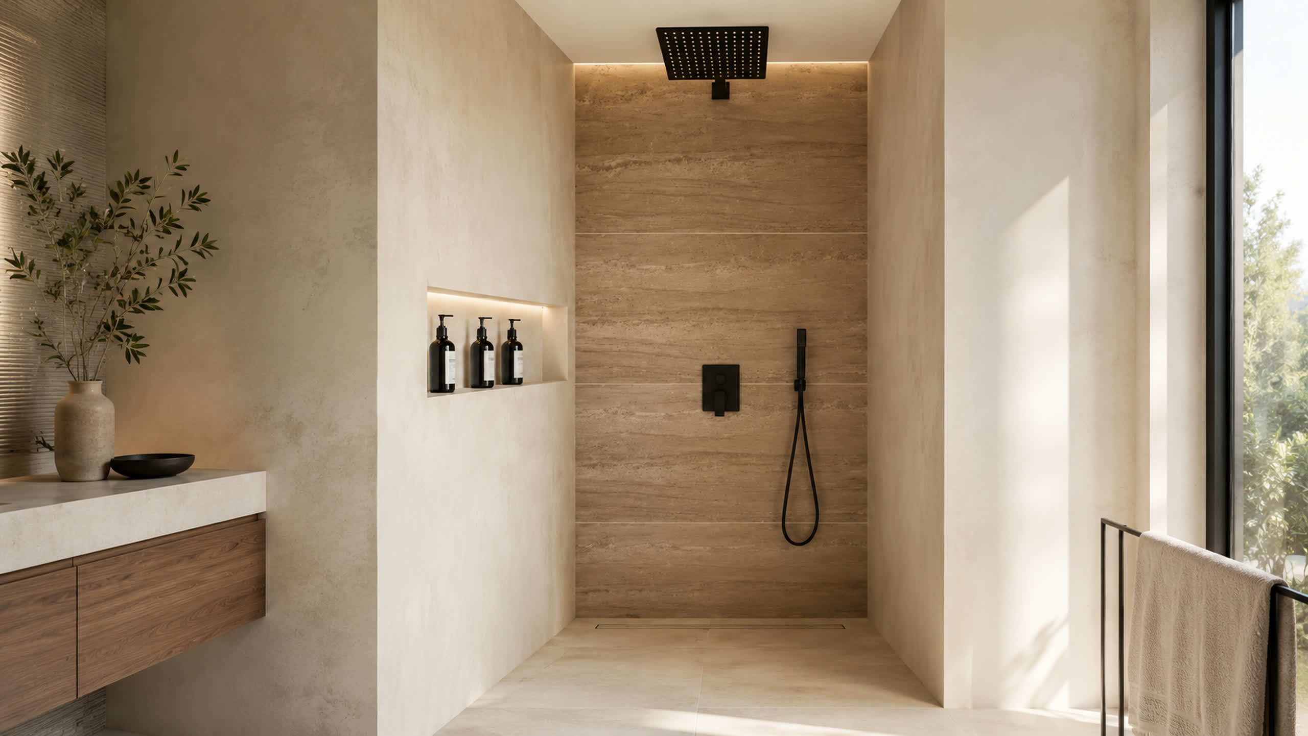 Bodengleiche Walk-in-Dusche mit Wand in Travertin-Optik und schwarzer Regenbrause