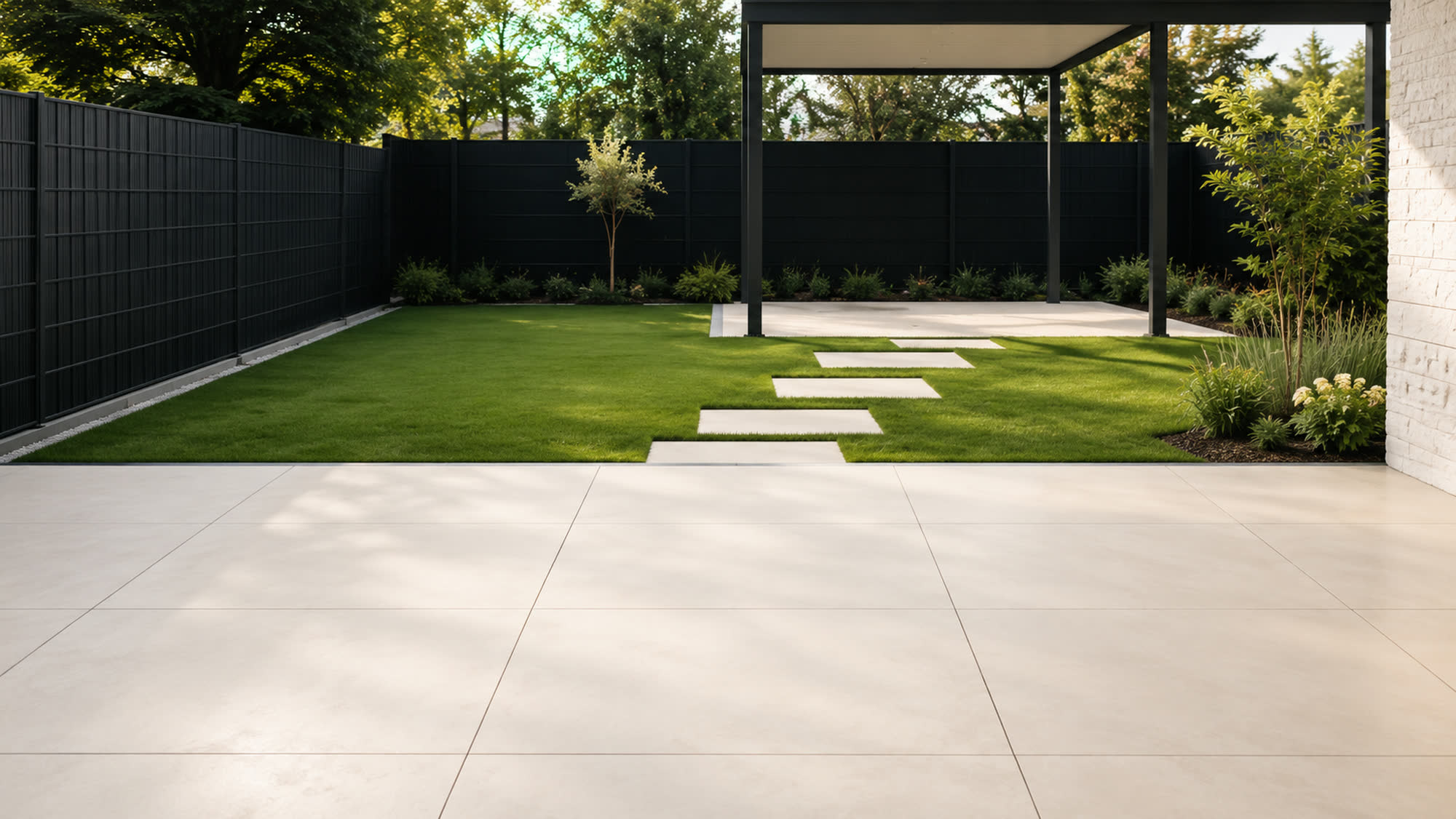 Gartenterrasse mit cremefarbenen Großformat-Platten und Trittsteinen im Rasen