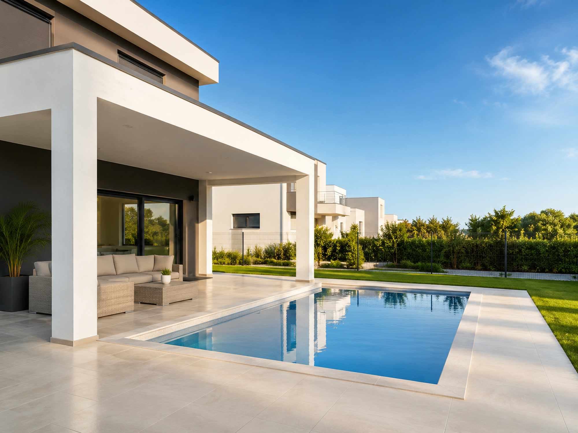 Poolterrasse mit hellen Großformat-Platten an einer modernen Villa